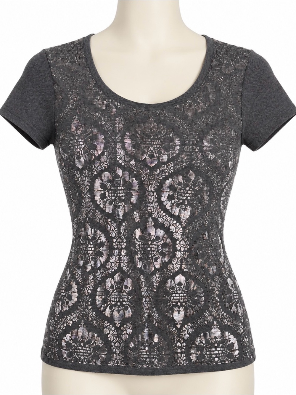 Anthropologie Gray Short Sleeve Top with Metallic Lace NWT
